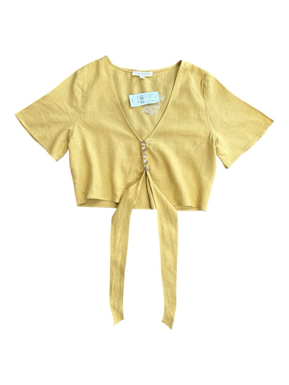 LA Hearts PacSun Yellow Linen Blend Tie Front Button Crop Top Short Sleeve S NWT